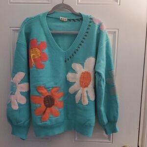 POL Turquoise Floral V-Neck Sweater